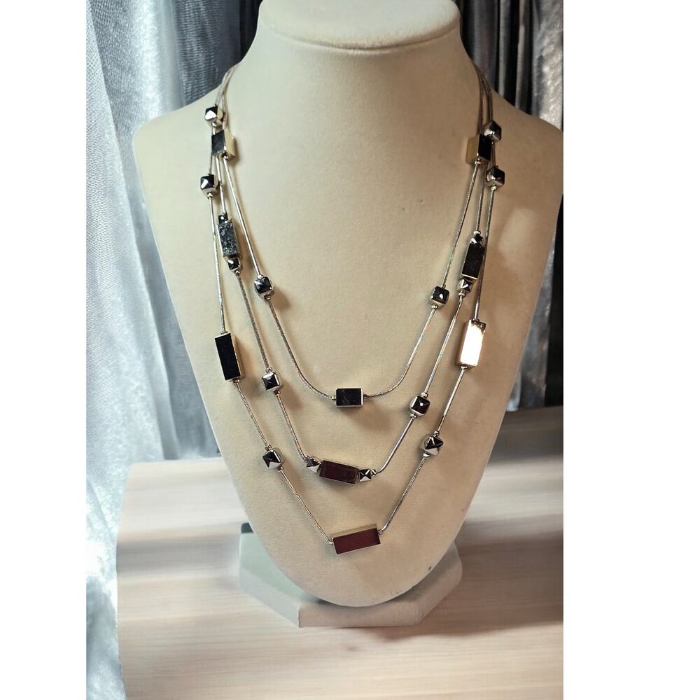 WHBM Geometric Layered Necklace Silver Black 3 Strand Minimalist Chic